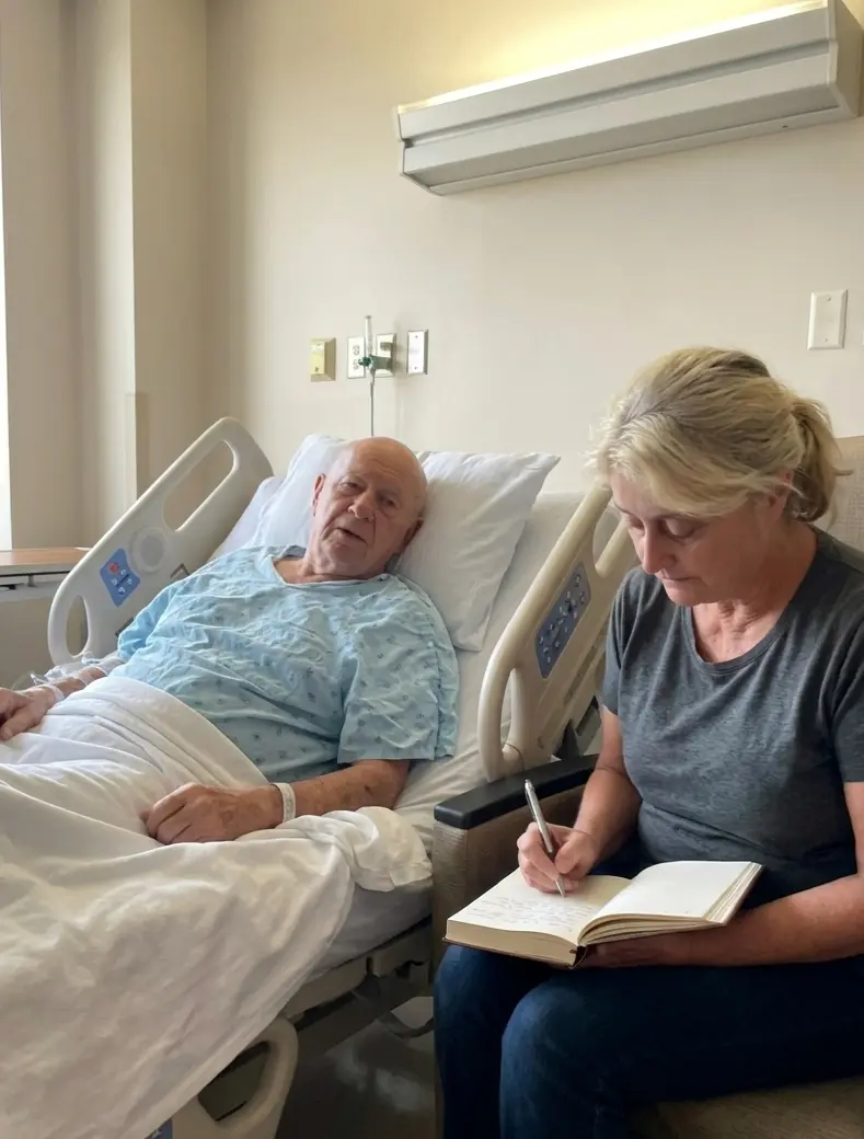 Marlene escrevendo ao lado de Geraldo no hospital